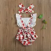 Rompers 2021 Pasgeboren babymeisjes Kleding Romper Hoofdband 2 -delige watermeloen Aardbei Print Backless Ruffles Korte mouw jumpsuits J220922