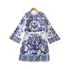 2022 Autumn Round Neck Beaded Dress Blue Blue and White Porcelain Print 4/5 Sleeve Rhinestone Short Loose Casual Dresses S22O080114