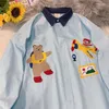 Women's Blouses American Retro Sky Blue Bear Embroidery Shirt Women Cute Cartoon Japanese Fashion 2022 Autumn Long Sleeve Casual