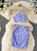 캐주얼 드레스 Gagaok 여자 섹시한 두 조각 세트 2022 여름 패션 아웃복 스트리트웨어 한국 의상 단단한 카미 바디 컨 스커트