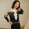 Kvinnors blusar Kvinnors skjortor Högkvalitativ 95% Silkblus Kvinnor Casual Style Flower Printed Shirt Turn-Down Neck Long Sleeve Tops