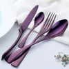 Servis uppsättningar 4st Purple Cutery Set rostfritt stål Blue Knife Fork Table Black Table Seque Drop