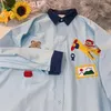 Women's Blouses American Retro Sky Blue Bear Embroidery Shirt Women Cute Cartoon Japanese Fashion 2022 Autumn Long Sleeve Casual