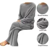 Frauen Zwei Stück Hosen Gestrickte Pullover Anzug Frauen Elegante Solide ONeck PulloverHosen Anzug Mit Weitem Bein Dame Herbst Winter Weiche 2 Stück Set Homewear 221007