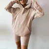 Gym Kleidung Reine Farbe Frauen Casual Pullover Shorts Sport 2-teiliger Anzug Langarm Kapuzenpullover Mit Taschen