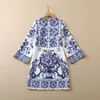 2022 Autumn Round Neck Beaded Dress Blue Blue and White Porcelain Print 4/5 Sleeve Rhinestone Short Loose Casual Dresses S22O080114