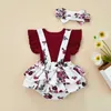 Rompers Baby Girl Romper Fly ärmar Runda hals Ruffle Floral Print Patchwork Toddler Summer Cute Jumpsuit Head Band Outfit J220922