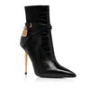 2023 Luxury Designer Women Ankles Boot Tfboot Booties Calf Leather Padlock Ankle Boots 105mm Gold Heel Pointy Toe Sexig Lady Wedding Party Dress Pumps