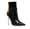 2023 Designer de luxo mulheres tornozelos bota TFBOOT botas bezerro couro cadeado tornozelo botas 105mm salto dourado pontudo toe sexy senhora casamento vestido de festa bombas