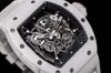 Męska mechaniczna lufa zegarek w kształcie 50/43/16 mm biały obudowa z włókna węglowego w pełni automatyczne wyczerpanie się Super wysokiej jakości pusty ruch gumowy pasek luksusowy zegarek
