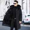 Cappotto di pelliccia lungo e spesso Tendenza europea Inverno Uomo Moda Fodera rimovibile Cappotto Imitazione di pelliccia animale Abbigliamento con cappuccio