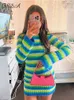 Casual Dresses FSDA Stripe Knit Women Beach Dress Bodycon Backless Long Sleeve Green Y2K Summer Holiday Sexy Party Mini 221007
