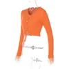 Women's Knits Tees Hugcitar Orange Long Sleeve Feather Knit Buttons Cardigan Sexy Crop Top Sweater Autumn Women Korean Party Y2K Halloween Clothes 221007