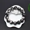 Strand BOEYCJR Natural 7A High Quality Double Eyes Silver Color Obsidian Stone Beads Bangles & Bracelets Fashion Jewelry For Men