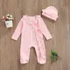 Mamelucos Bebé Primavera Otoño Conjunto de ropa de manga larga con botones inclinados Encaje Romper Mono Sombreros Niño Bebé Niñas 2 piezas J220922