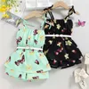 Rompers 04y Toddlers Girls Sleeveless Jumpsuit Shorts Tieup Shoulder Strap Flower Fjäril Tryckt Löst passform med Belt J220922