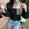 Men's Casual Shirts 2022 Summer Lace Elegant Blouses Female Solid Chiffon Puff Sleeve Tops Women Y2k Bow Design Office Lady Korea Style