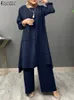 Ethnic Clothing Muslim Two Piece Sets ZANZEA Women Tracksuit Elegant Long Sleeve Blouse Wide Leg Pants Solid Loose Outifits 2PCS Urban Suit 221007