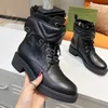 2023 Autumn Winter Lace Up Martin Boots Woman Flat Metal Travel Belt Buckle Shoe Lady Letter Black Ankle Boot Soft Cowhide Women Designer Shoes Large Size 35-42