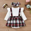 Rompers pasgeboren meisje lange mouw bodysuit ronde nek plaid nep tweedelig stijl patchwork jurk jumpsuit met booghoofdband J220922