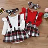 Rompers pasgeboren meisje lange mouw bodysuit ronde nek plaid nep tweedelig stijl patchwork jurk jumpsuit met booghoofdband J220922