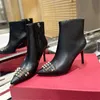 Classic Fashion High-heeled Ankle Boots Cowhide Fabric Studded Pointed Boot