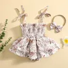 Rompers 2022 Baby Girl Summer Jumpsuit Zonnebloem Print Square Neck Mouwloze ruches Ruffels Rompers Hoofdband Fashion Clothing Set J220922