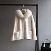 女性の毛皮の本物のコート冬用ジャケット天然襟フードウールコンテンツ織物アウターテディポーラーフリースぬいぐるみ