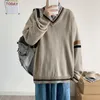 Herrtröjor Vneck Sparked Pullover Sweaters Men Autumn Vintage Sticking Kläder Löst student Harajuku BF College Japanese Jumper Homme Top 221008