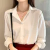 Kvinnors blusar 2022 Summer Women Casual Button Up Shirt Long Sleeve Top Black Chiffon White Woman