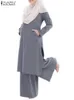 Etniska kläder Kvinnor Långärmad O Neck Ruffles Abaya Kaftan Blue Zanzea Spring Solid Muslim Suit Elegant Elastic Pockets Wide Leg Pant 221007