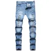 Jeans para hombres Parches de hip hop Agujero Jeans Hombres Marca Pantalones cómodos Vaqueros Demin Jeans Salpicadura de pintura para hombre Azul claro Rasgado Tamaño grande 221008