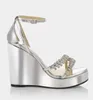 Elegant Lady Sandals läderband Inlagd diamant mode kil klackar mode bröllopsfest