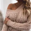 Women's Sweaters 2022 Spring Autumn Casual Women Pearls Beads Sweater Solid Pearl Long Sleeve V-neck Knitted Pullover Tops Office Lady