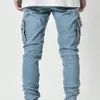 Mens Jeans Summer Men Jeans Solid Color Multi Pockets denim Mid midja stretchiga mager jeans plus storlek Fahsion byxor dagligen bär 221008