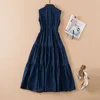 Spring Lapel Neck denim Panelklänning Blue Solid Color Sleeveless Pockets Single-Breasted Casual Dresses S2O080114