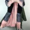 ピンク色のカラフルなカフフード付きパーカーレディースロングウィンドコート付き女性毛皮冬冬の緑のジャケット