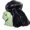 Women's Fur Black Big Furs Front Luxry Collar Girls Winter Party Wear Zipper Khaki Short Length Coat