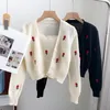Women's Knits Sweet Style Embroidery Floral Two-piece V Neck Long Sleeve Cardigan Woman Knitted Tank Sleeveless Cropped Top Drop