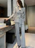 Dames tweedelige broek Fall Pak For Women 2022 Casual ol Professionele Koreaanse stijl Grijs geweven riem blazers vrouwelijke lange broek sets