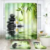 Tende da doccia Bambù verde Nero Zen Lake Stones Set di tende Tappeto antiscivolo Copriwater Coperchio Tappetino da bagno Candela Lotus Decorazioni per il bagno