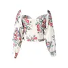 Women's Blouses Sexy Crop Top Elegant Long Puff Sleeve Square Neck Lace Ruffle Trim Floral Print Shirt Slim Fit Camisas De Mujer