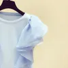 여자 T 셔츠 블루 티셔츠 여성 2022 여름 3 차원 대형 주름 슬리브 슬리브 패치 워크 라운드 넥 셔츠 레이디스 탑