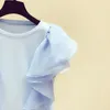 Women's T Shirts Blue T-Shirts Women 2022 Summer Three-Dimensional Large Ruffle Sleeve Patchwork Round Neck Shirt Ladies Tops