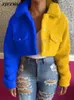 Women's Jackets Yellow Blue Color Block Spliced Crop Jackets Women Casual Turn Down Collar Long Sleeve Coat Fall Winter Button Pocket Outwears T221008