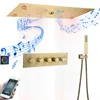Conjuntos de chuveiro de banheiro Conjunto de cabeça termostática de ouro escovados 620 320mm LED com música Recursos de banho de teto incorporado