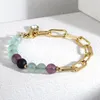 Pulseiras de link Branquetas de fluorita fosca para mulheres aço inoxidável Rolo Chain Birthstone Charme 8 polegadas LDB295