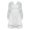 Casual jurken Runway Dress Designer 2022 Autumn Women Hoge kwaliteit V-Neck Lantern Sleeve White Lace Patchwork A-Line Mini Vestidos