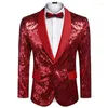 メンズスーツ光沢のある赤い花のスパンコールタキシードブレザージャケットメンショールカラー1ボタンクリスマスパーティープロムディナーナイトクラブコスチューム