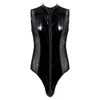 Herrkroppsformar herr underkläder dubbel blixtlås högklippt thong leotard bodysuit glänsande metalliskt patent läder klubbkläder ren nät skarv